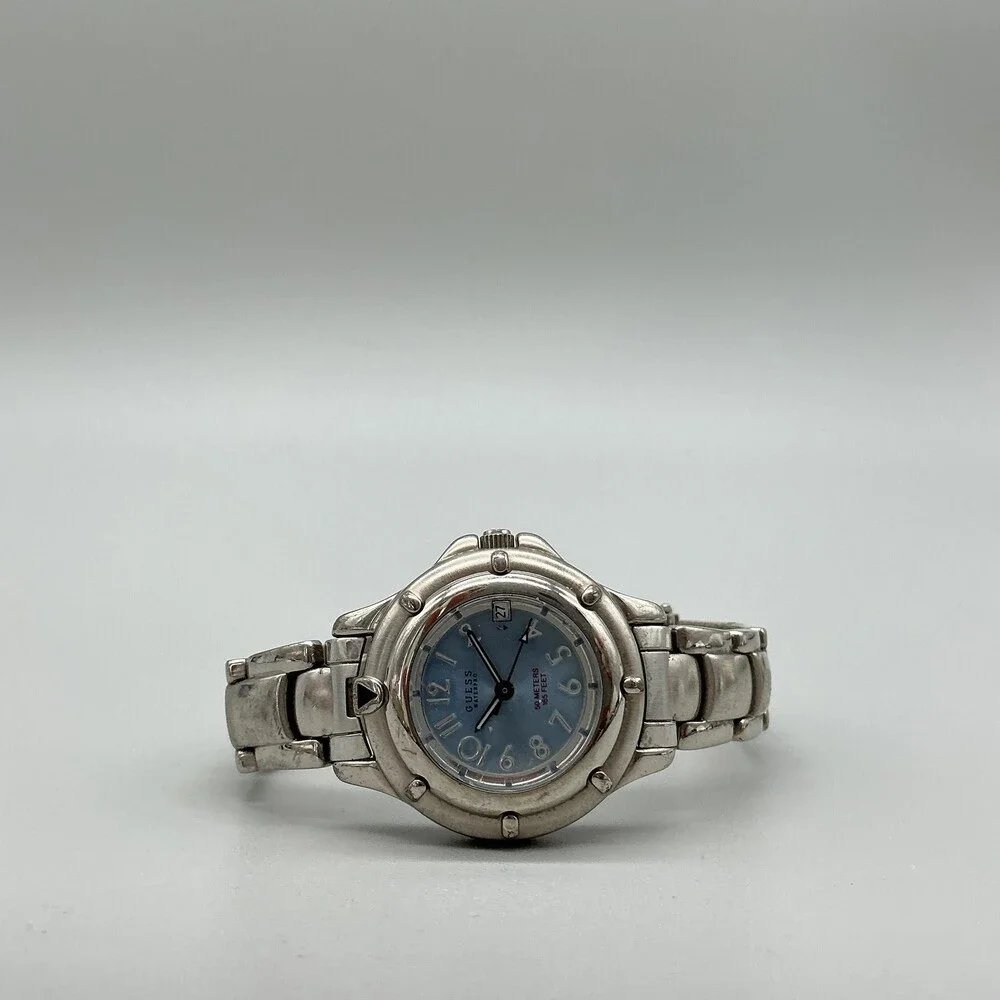 Guess Waterpro Womens Watch 29mm Blue Dial Date Silver Tone New Battery 5.75